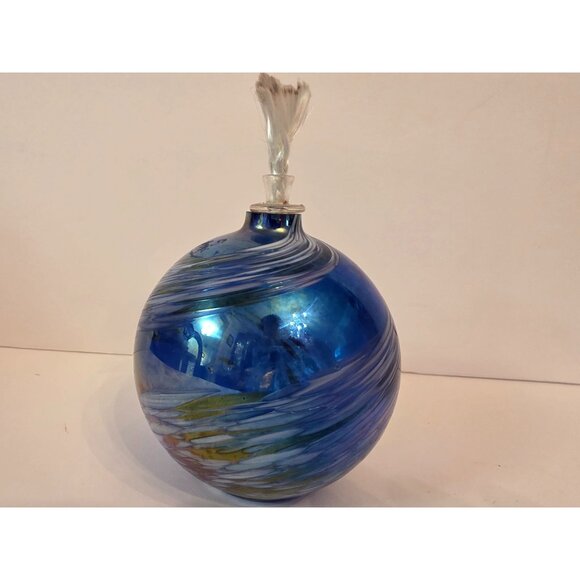 Handblown Glass Oil Lamp With Swirled Iridescent Blue & Purple Design - Picture 4 of 8